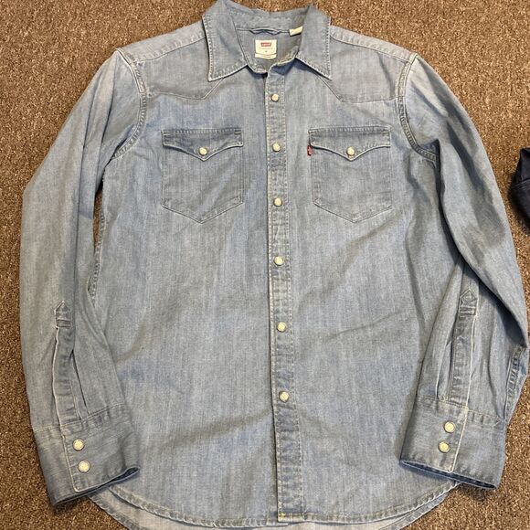 Levis Denim Pearl Snap Shirt Men's Medium Blue Long Sleeve Rancher Western - Picture 12 of 13